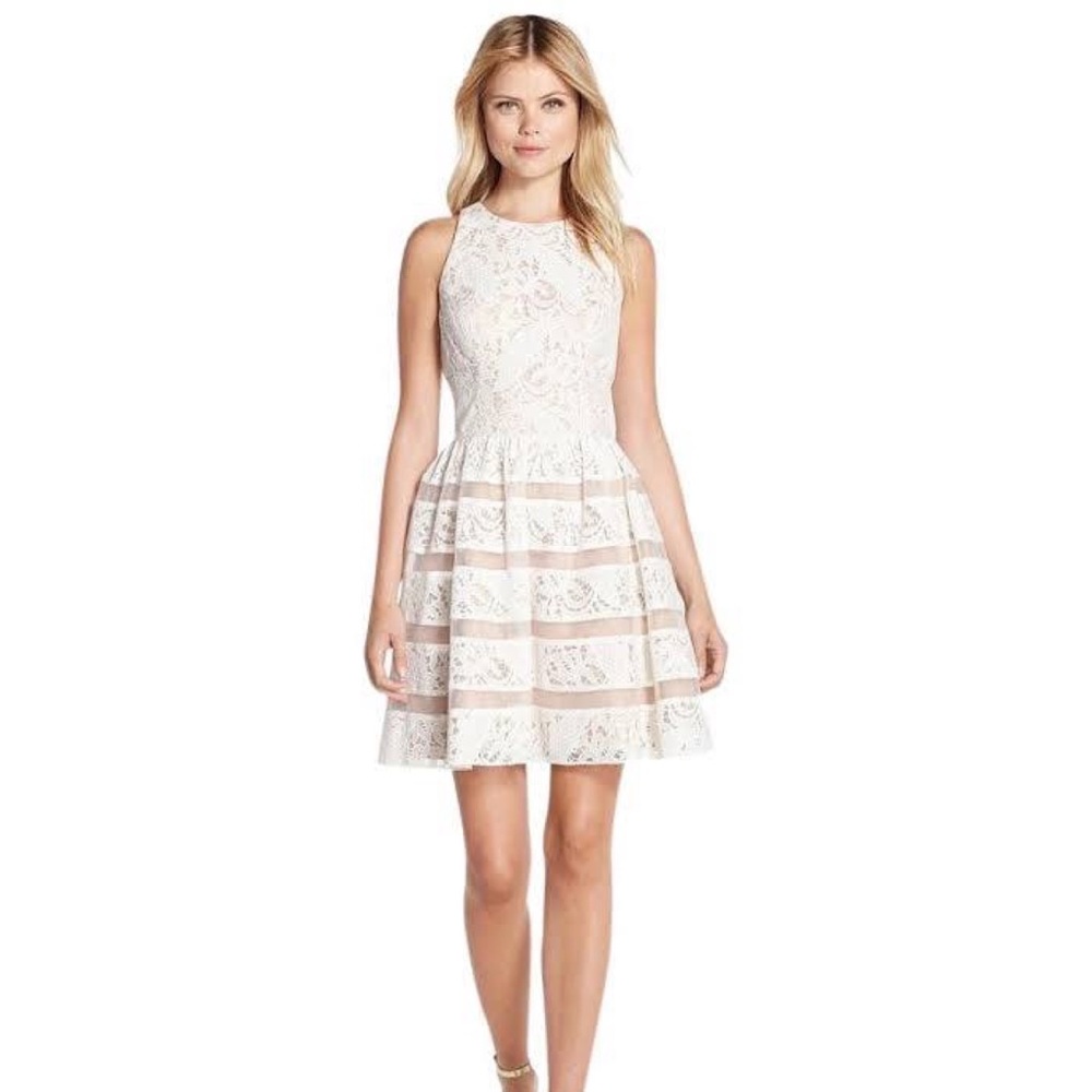 Aidan by Aidan Mattox White & Nude Embroidered Lace Stripe Dress